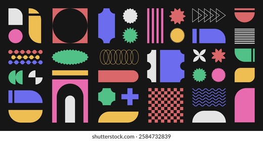 Abstract retro shapes, basic brutal forms and figures in Y2K aesthetics, vintage stickers, logos, labels. Decorative design elements, vector illustration.