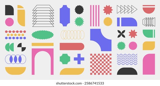 Abstract retro shapes, basic brutal forms and figures in Y2K aesthetics, vintage stickers, logos, labels. Decorative design elements, vector illustration.