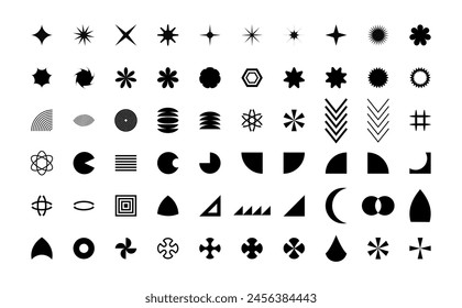 Abstract retro shapes, black geometric brutalist forms, circles, and Y2K-inspired figures. Contemporary abstract graphic design elements. Vector illustration.