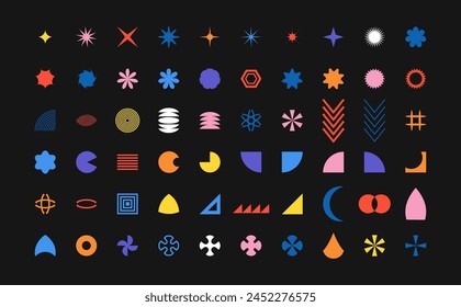 Abstract retro shapes, colorful geometric brutalist forms, circles, and Y2K-inspired figures. Contemporary abstract graphic design elements. Vector illustration.