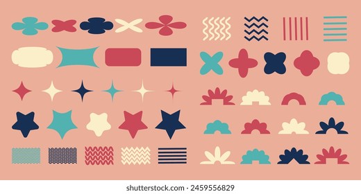 Abstractas Formas retro, figuras estéticas Y2K, formas brutalistas básicas. Pegatinas y etiquetas Antiguas. Elementos de diseño decorativos. Ilustración vectorial.