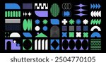 Abstract retro shapes, frames and symbols, basic brutal forms and figures in Y2K aesthetics, vintage stickers, logos, labels. Decorative design elements, vector illustration.