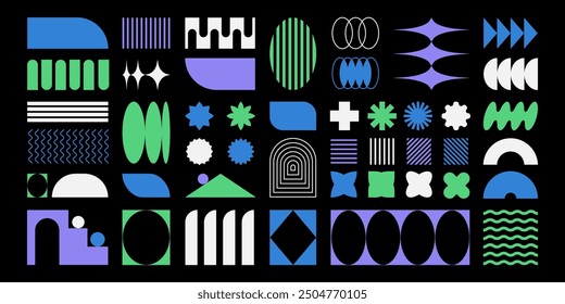 Abstractas Formas retro, marcos y símbolos, formas brutales básicas y figuras en la estética Y2K, pegatinas vintage, logotipos, etiquetas. Elementos de diseño decorativos, Ilustración vectorial.