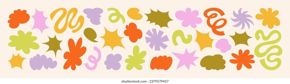 Abstract Retro Shapes and Funky Groovy Forms. Vector Geometric Stickers with Different Elements: Cloud, Flower, Star, Bubble, Spiral, Spring Coil, Wave in Cartoon 90s Style