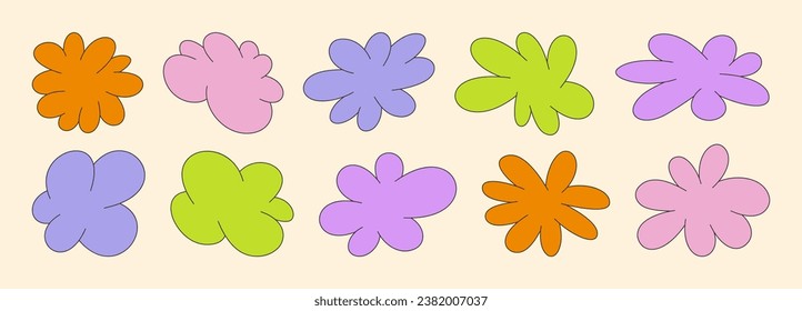 Abstract Retro Shapes and Funky Groovy Forms. Vector Geometric Elements: Clouds and Flowers in Cartoon 90s Style for Patterns, Posters, Web