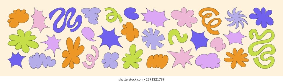 Abstract Retro Shapes and Funky Groovy Forms. Vector Geometric Stickers with Different Elements: Cloud, Flower, Star, Bubble, Spiral, Spring Coil, Wave in Cartoon 90s Style for Patterns, Posters, Web