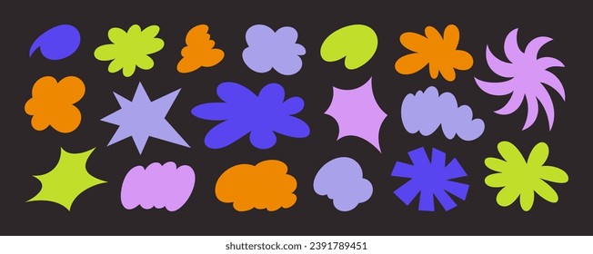 Abstract Retro Shapes and Funky Groovy Forms. Vector Geometric Stickers with Different Elements: Cloud, Flower, Star, Bubble in Cartoon 90s Style for Patterns, Posters, Web in Black Background