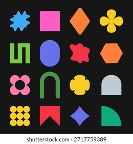 Las Formas Abstractas retro y los Elementos gráficos crean un audaz conjunto de diseño inspirado en Y2K con formas geométricas, estrellas y flores en colores vibrantes para carteles y pegatinas modernos.