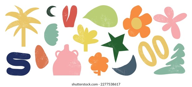 Abstract retro shapes vector set. Star, flower, vase, moon, snake, tree in trendy retro 70s cartoon style. Groovy contemporary aesthetic vector element for logo, decoration, sticker.