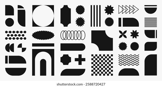 Abstract retro solid shapes, basic black brutal forms and figures in Y2K aesthetics, vintage stickers, logos, labels. Decorative design elements, vector illustration.