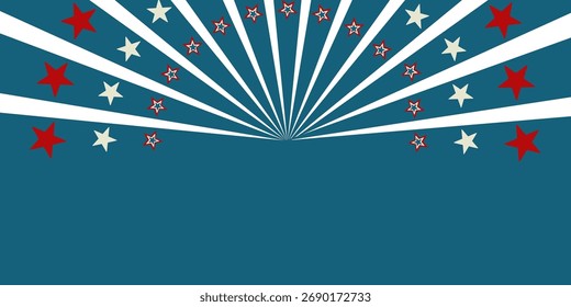 Padrão retro abstrato de explosão estelar com estrelas vermelhas e brancas no fundo azul-petróleo