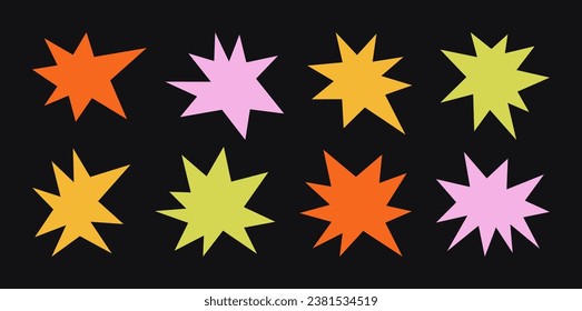 Abstrakte Retro Stars Formen und Funky Groovy Sparks Formulare. Geometrische Vektorelemente in Cartoon 90s Stil für Muster, Sticker , Badges, Poster, Webdesign