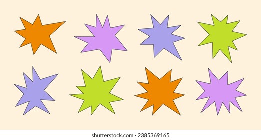 Abstract Retro Stars Shapes and Funky Groovy Sparks Forms. Vector Geometric Elements in Cartoon 90s Style for Patterns, Stickers , Badges, Posters, Web Design