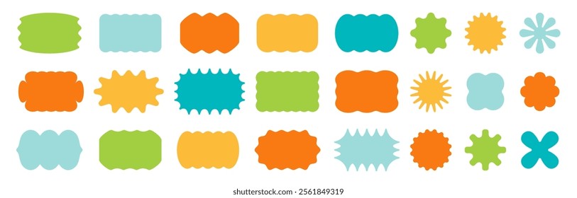 Abstract retro sticker shape collection. Cool kid abstract futuristic Y2K shapes. Vector retro sticker labels. Wavy edge groovy bubble text boxes set. Star, scallop, zigzag, flower form frame elements