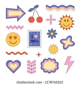 Abstract retro stickers in the style of the 1990s. Multicoloured vector shapes isolated on a white background.