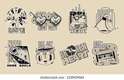 Abstract retro stickers in y2k style. Monochrome icons with psychedelic smiling faces, dinosaur, vintage cassette, tv and glasses, vector cartoon set isolated on background