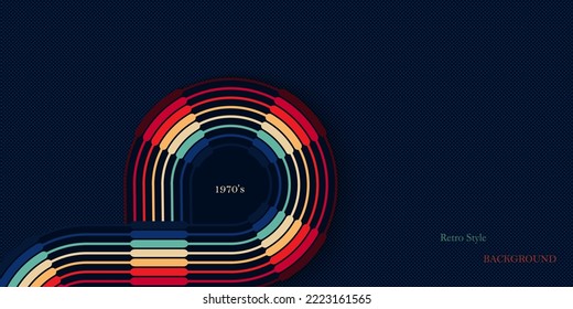 Abstract retro style dark navy background with colorful curve lines 1970s vintage design