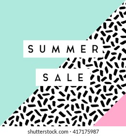 Abstract retro style geometric design in black, white and pastel colors with text "Summer Sale".