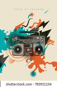 Abstract retro style poster design, with boombox, splashing and geometric shapes. Vector illustration.