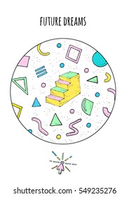 Abstract retro style poster with geometric shapes and stairs. Placard, design template, bright colors.