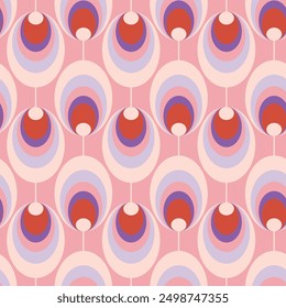 Abstract retro style seamless pattern geometric circle motif pink background. Vintage ornamental design fashion fabric textile swatch decorative ornament. Vector