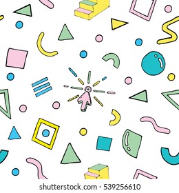 Abstract retro style seamless pattern. 80s-90s fashion style.  Background  with geometric shapes.
