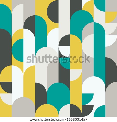 Abstract retro style seamless vector pattern with geometric shapes colored in yellow, green and grey. Modern geometrical pattern for textiles, fashion, wrapping paper, wallpaper.