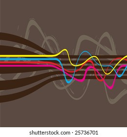 Abstract retro styled layout with wavy lines in a cmyk color scheme.  This vector image is fully editable.