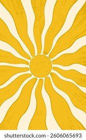 Abstract retro summer sun poster. Groovy sun with wavy rays and crayon style texture.