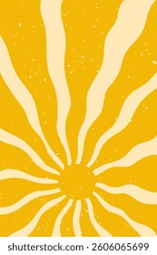 Abstract retro summer sun poster. Groovy sun with wavy rays and vintage grain texture.