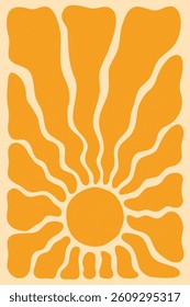 Abstract retro summer sun poster. Groovy sun with wavy rays.