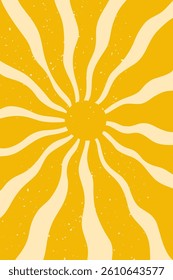 Abstract retro summer sun poster. Groovy sun with wavy rays and vintage grain texture.