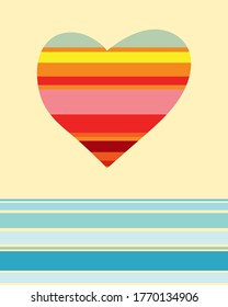 Abstract retro sun heart over peaceful blue ocean scene in modern abstract art style background, 