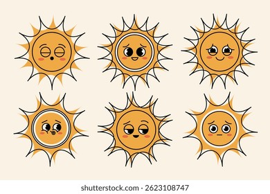 Abstract retro sun icons set – vintage boho sunshine vector elements. Stylized groovy retro sun icons in orange and black – abstract vintage set