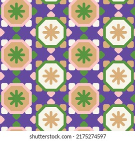 Abstract Retro Sun Style Geometric Seamless Pattern Octagon Shape Trendy Fashion Colors Perfect for Allover Fabric Print or Wrapping Paper Electric Purple Dusty Pink Green Tones