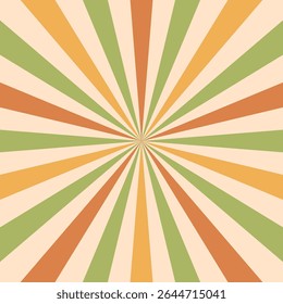 Abstract retro sunburst background in warm orange, green, and yellow tones. Psychedelic radial stripes evoke a nostalgic 70s groovy style, perfect for vintage-inspired designs, posters, print, banners