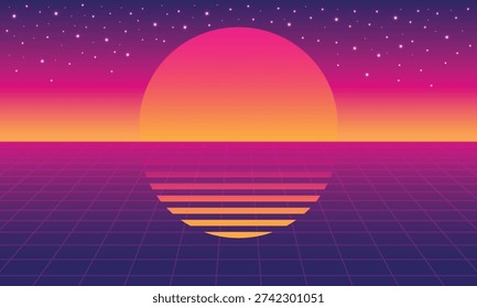 Abstract Retro sunset background illustration in 80s futuristic cyberpunk style with Synthwave