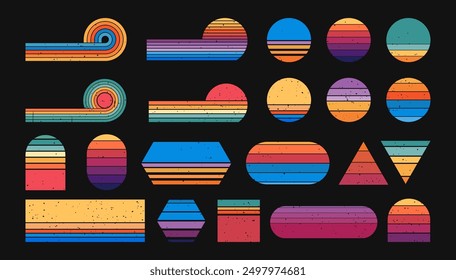 Abstract retro sunset. Groovy 90s ocean circle tropical sunrise. Round striped badge with sea sunlight. Grunge texture on geometric shapes, vector background set. Rainbow summer sky t-shirt design.