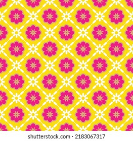 Resumen Estilo de mosaico retro Florales ornamentales geométricos Patrón sin inconvenientes Colores de moda Simple Concepto Elegante Perfecto para impresión de tela de alamante o envuelto Papel Decorativo Tones de fucsia amarillo