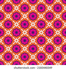 Abstract Retro Tile Style Geometric Ornamental Florals Seamless Pattern Trendy Fashion Colors Simple Elegant Concept Perfect for Allover Fabric Print or Wrapping Paper Decorative Orange Fuchsia Tones