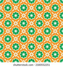 Abstract Retro Tile Style Geometric Ornamental Florals Seamless Pattern Trendy Fashion Colors Simple Elegant Concept Perfect for Allover Fabric Print or Wrapping Paper Decorative Orange Green Tones
