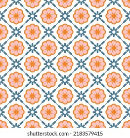 Abstract Retro Tile Style Geometric Ornamental Florals Seamless Pattern Trendy Fashion Colors Simple Elegant Concept Perfect for Allover Fabric Print or Wrapping Paper Decorative Soft Coral Blue Tones