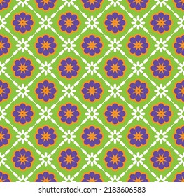 Abstract Retro Tile Style Geometric Ornamental Florals Seamless Pattern Trendy Fashion Colors Simple Elegant Concept Perfect for Allover Fabric Print or Wrapping Paper Decorative Lime Green Purple