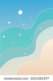 Abstract Retro Trendy Celestial Background Blue Turquoise Lines Dots Sea Beach Sand Poster Vector Design