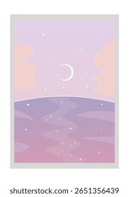 Abstract Retro Trendy Celestial Background Pink Purple Blue Lines Dots Poster Moon Printable Vector Design