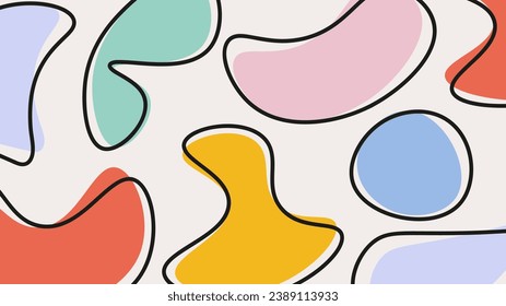 Abstract retro vector background with organic memphis shapes and lines in pastel color. Minimalist contemporary art in doodle style. Aesthetic horizontal backdrop. Modern design for banner, cover, web