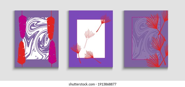 Resumen de Banners Retro Vector Set. Invitación al estilo oriental. Carteles de tinte, hojas tropicales. Monstera Mínimo Deja Plantilla De Revista. Fondo de Vintage dibujado a mano. Patrón de borde geométrico.