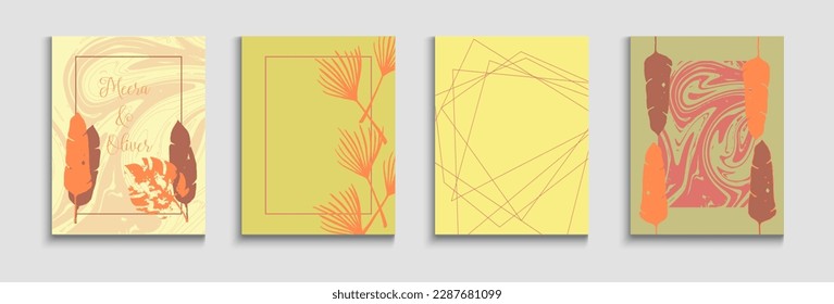 Abstract Retro Vector Banners Set. Tie-Dye, Tropical Leaves Posters. Geometric Border Pattern. Hand Drawn Elegant Background. Soft Monstera Leaves Magazine Design. Japanese Style Invitation.