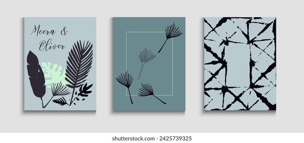 Abstract Retro Vector Banners Set. Tie-Dye, Tropical Leaves Cards. Geometric Border Pattern. Oriental Style Invitation. Minimal Olive Leaves Magazine Design. Hand Drawn Vintage Background.