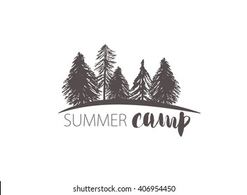 Abstract retro vector camping emblem. Outdoor activity symbol with grunge fir and pine trees landscape background